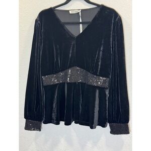 Grace Karin Women Black Velvet Peplum Top Sequin Waist V-Neck Long Sleeve Blouse